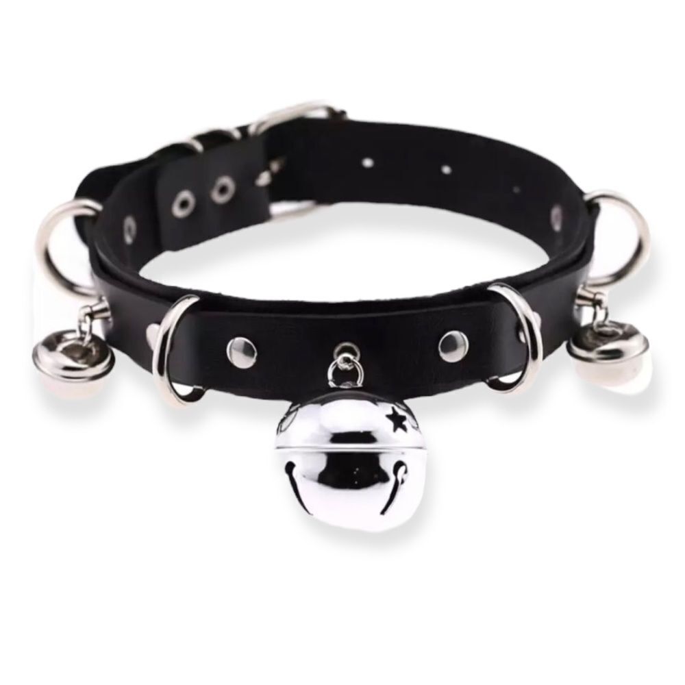Black Leather Bell Choker Necklace Harajuku Neko Cyber Goth Punk Collar NWT - Picture 2 of 2